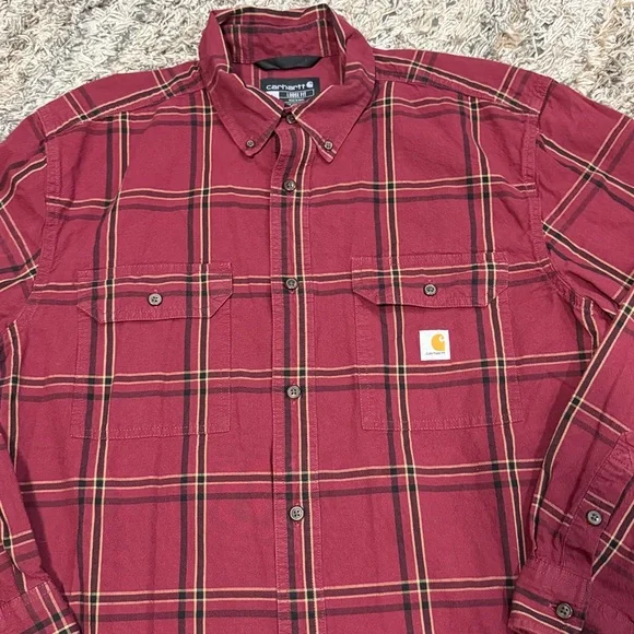 Carhartt Men's Burgundy Plaid Button Down loose fit shirt sz large - Picture 3 of 5
